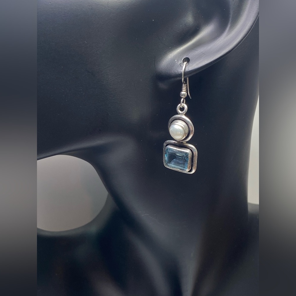 Lovely Sterling Silver Mabe Pearl & Faceted Topaz Artisan Wire Drop Earrings